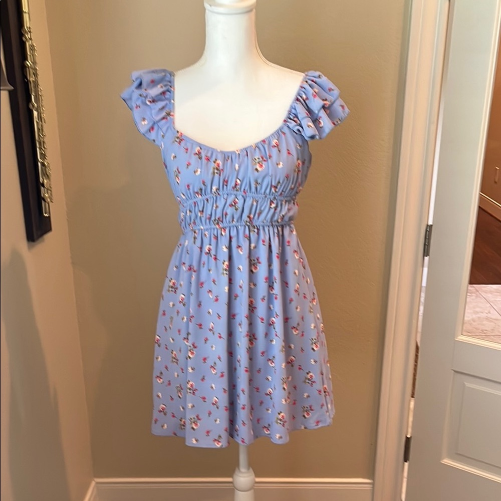 Altard State Floral Blue Dress with Ruffled Sleeves